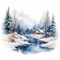 Winter Forest Realistic Watercolor Illustration. Snowy Trees Art Background. card or Invitation Page Print  Design. 