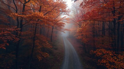 Drone-view perspective of a winding path running through a dense deciduous forest glowing with vivid orange and crimson leaves, early morning haze adding depth and atmosphere, with rich seasonal color