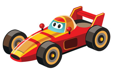 Cartoon red race car with big eyes and colorful helmet sits idle