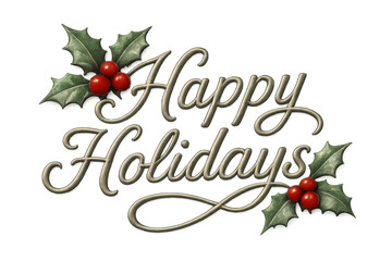 Fototapeta premium Happy holidays text greeting, festive calligraphy lettering with holly leaves and red berries for season's message