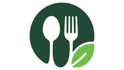Healthy and natural food logo featuring spoon fork and green leaf icon