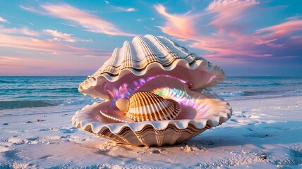 A large open seashell rests on a sandy beach displaying a smaller ribbed shell with a pearlescent glow at sunset