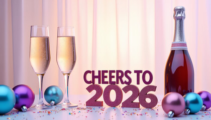 Close-Up Vertical New Year Party Scene with Champagne Glasses and Golden 2026 Typography
