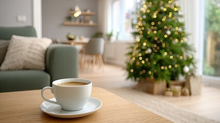Obraz premium A warm living room features a coffee cup on a table with a soft blanket, near a decorated Christmas tree and soft furnishings