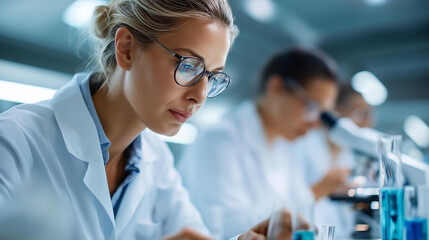 Faceless female scientists in white lab coats working together collaboration bright laboratory environment microscopes glassware blue test tubes teamwork modern research