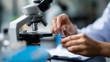 Faceless laboratory technicians hands conducting tests chemical analyzer operation biological laboratory work female scientists collaboration modern equipped computer lab