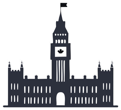 Iconic Canadian government building silhouette with maple leaf tower and flag symbol