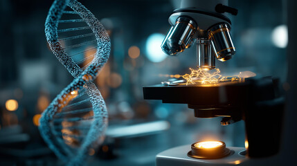DNA strand with digital code visualization AI microchip and microscope symbolizing artificial intelligence genetics biotechnology medical research molecular biology