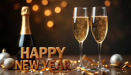 Champagne Toast with Golden 2026 Text and Couple in New Year Celebration Scene