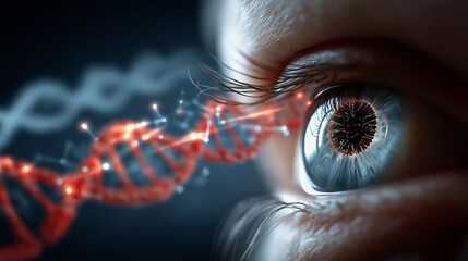 Scanning human eye closeup in biotech lab digital code molecular pattern red DNA helix visualization genetic research display biological technology concept