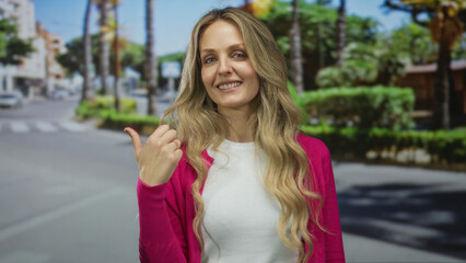 Obraz premium Woman showcases her hand in a pointing motion along a busy street with a young blonde model outdoors smiling in a casual gesture.