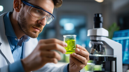 Faceless male scientist hands examining green algae solution modern laboratory analysis concentration biochemistry study biotechnology cosmetic research lab equipment data