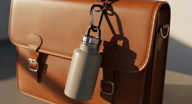 Stylish brown leather satchel bag with a metal water bottle hanging from a carabiner, close-up shot.