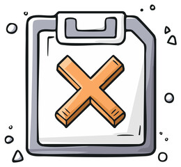 Fototapeta premium Hand drawn cartoon clipboard with a large orange X mark indicating an error or failure