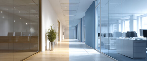 Modern corridor with glass walls and a potted plant dividing warm and cool lighting environments in a professional workspace