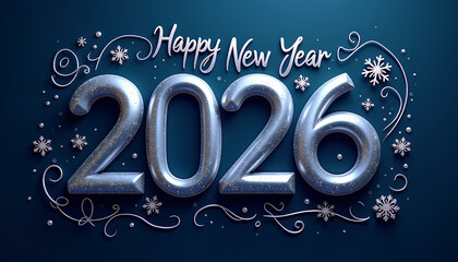 Colorful Festive Background Featuring Silver 3D Happy New Year Typography