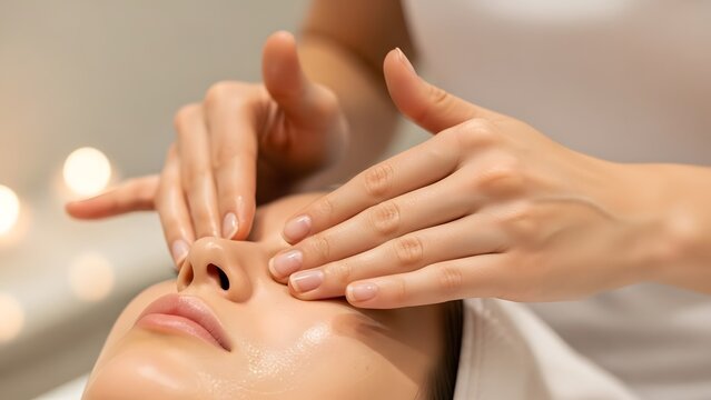 Professional facial massage for woman's eyes and nose to promote relaxation and well-being