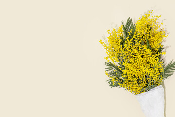 Spring Mimosa Bouquet Wrapped In White Paper On Soft Beige Background. Ideal For Women's Day Designs, Spring Sale Promotions, Elegant Floral Background, And Seasonal Greeting Card Templates