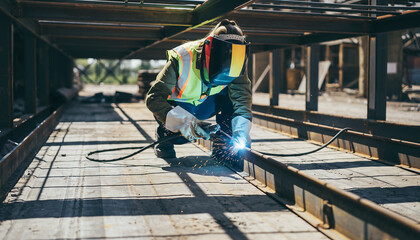 Welder at Work Crafting Metal Structures with Precision in Industrial Setting