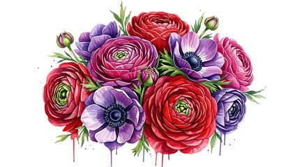 Transparent background vibrant bouquet of colorful ranunculus flowers isolated on transparent background with green leaves