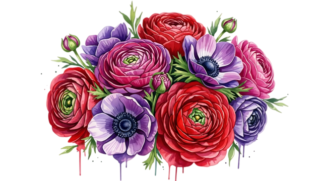 Transparent background vibrant bouquet of colorful ranunculus flowers isolated on transparent background with green leaves - Powered by Adobe