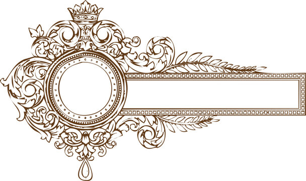 An engraving art style illustration ornate vintage royal emblem with crown and decorative scrollwork banner for monogram or label design