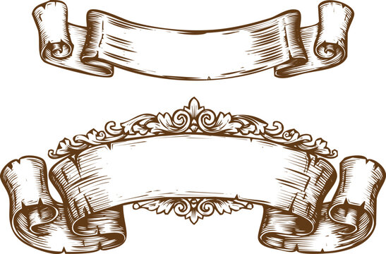 An engraving art style illustration set of two vintage engraved banners and ribbons for text or logo design, hand drawn scroll elements