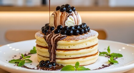 Delicious stack of pancakes with ice cream, chocolate syrup, and boba pearls, a sweet dessert treat.