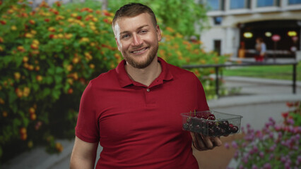 Man in red polo holds clear plastic container of cherries near building entrance while smiling broadly; friendly summer market.