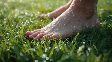 Bare Feet Walking on Dew- Covered Green Grass image photo