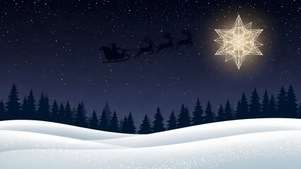 Naklejka premium Magical Christmas Eve Scene with Santa Flying Across a Starry Sky Above Snow-Covered Trees