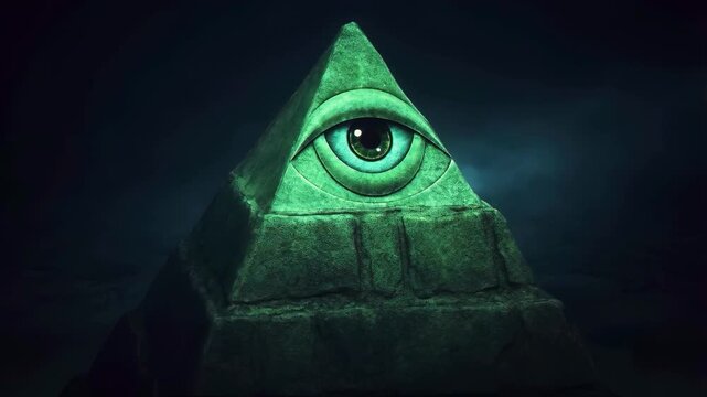 Glowing green pyramid with all seeing eye symbol in darkness representing global surveillance, secret society control and conspiracy power structure. Digital render.