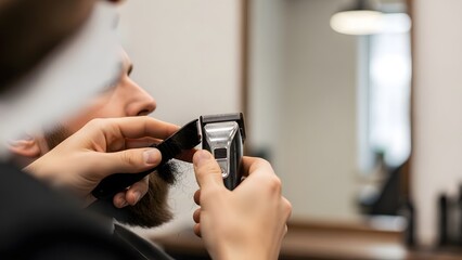 Barber using clippers to trim beard, providing grooming and styling service for men in a modern barbershop.