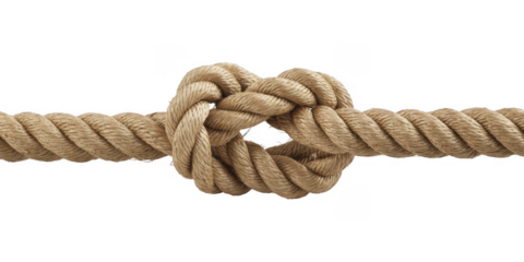 Rope with a knot in the middle isolated on a transparent background beige cord
