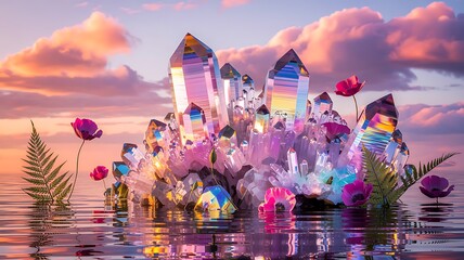 Surreal fantasy landscape with glowing crystal formations rising from shimmering water at sunset with dramatic clouds and floating pink flowers