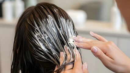 Naklejka premium Woman's hands applying hair mask treatment to her dark, wet hair in a salon