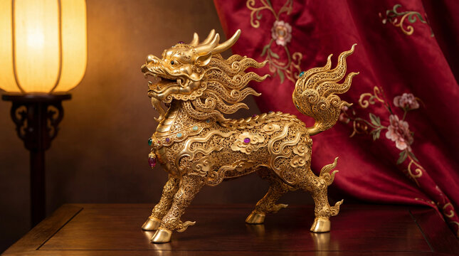 Intricate golden qilin statue with ornate carved patterns