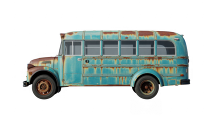 Rusted turquoise vintage school bus isolated on a transparent background