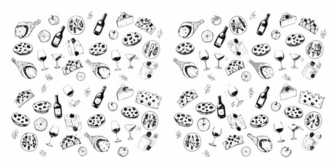 A delightful doodle pattern featuring pizza wine cheese and various food items