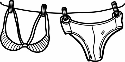 Black and white illustration of a bikini hanging on a clothesline