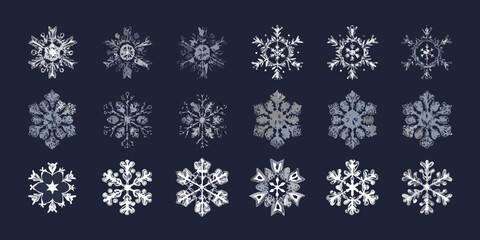 Detailed collection of diverse intricate snowflake patterns against a dark backdrop