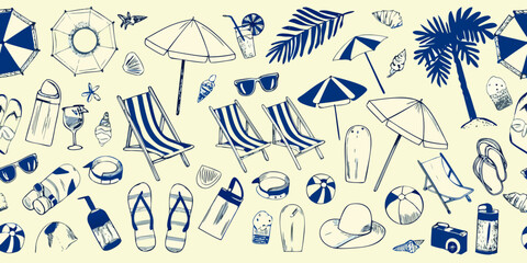 A summer scene featuring beach items including umbrellas chairs and accessories