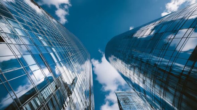 Glass skyscrapers reflect clouds and blue sky in a dynamic upward perspective showcasing urban architecture