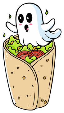 Naklejki Cute cartoon ghost peeking out of a delicious burrito filled with lettuce and tomatoes