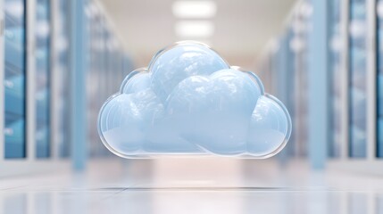 Cloud is floating in a large room with blue walls. The cloud is made of glass and he is floating in midair. The room is empty and the cloud is the only object in the scene