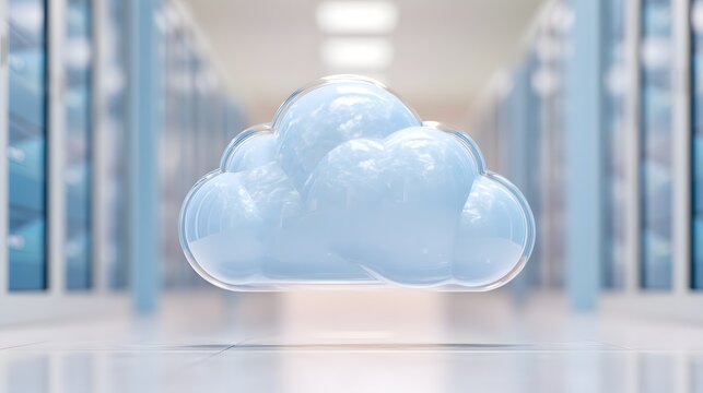 Cloud is floating in a large room with blue walls. The cloud is made of glass and he is floating in midair. The room is empty and the cloud is the only object in the scene - Powered by Adobe
