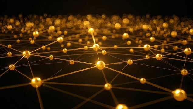 Abstract Golden Network of Glowing Spheres Connected by Lines, Modern and Minimalistic.