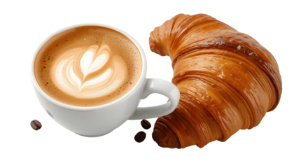 Minimalist Coffee Breakfast Flat Lay: Cappuccino and Croissant Isolated on White Background