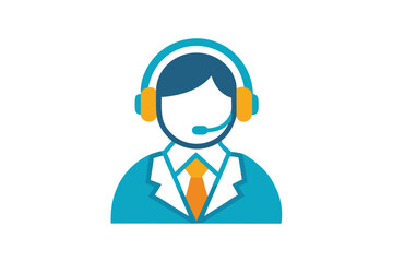 Cartoon support agent wears a headset and orange tie, smiling, on white