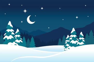 Flat Vector Winter Landscape at Night with Moon and Stars